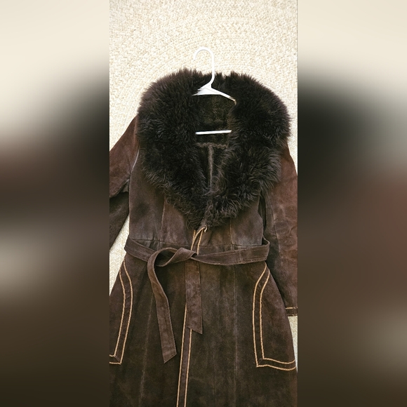 ✨️RARE✨️ Vintage 70s Union Made Brown Suede Coat Fur Collar - Picture 3 of 14